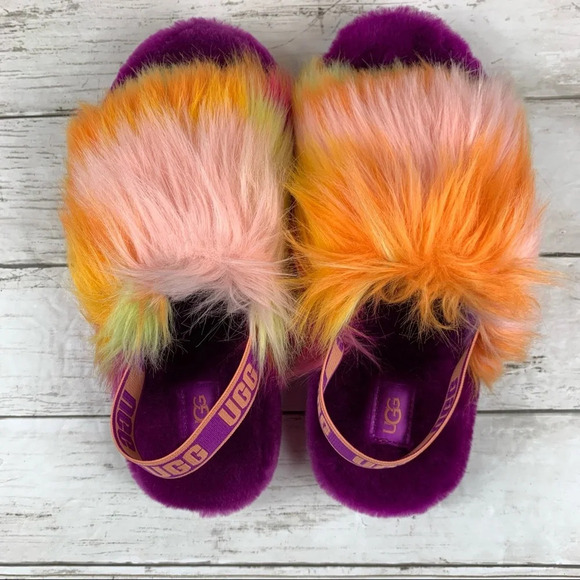 Ugg Fluff Yeah Tie Dye Slides Fluffy Slippers Orange Yellow Purple Logo - Picture 3 of 8
